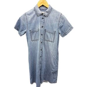Madewell Women's XS Denim Shirt Dress Blue Short Sleeve Frayed Hem Casual